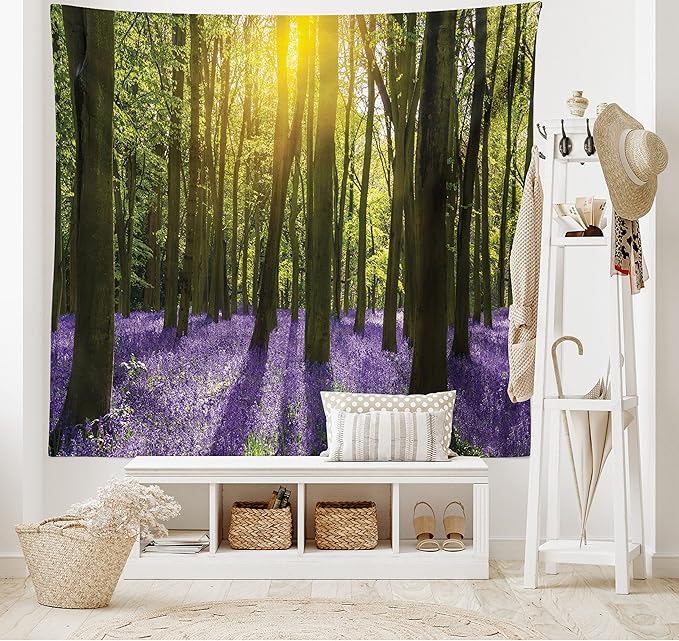 Ambesonne Woodland Tapestry King Size, Sunbeams in the Forest of Bluebells Blooms Deep in Woodland Oxfordshire, Wall Hanging Bedspread Bed Cover Wall Decor, 104" X 88", Violet Green Yellow