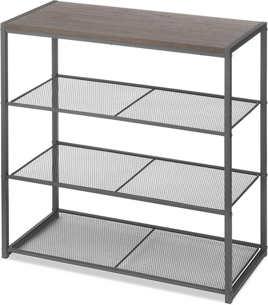 Whitmor Wood & Metal 4 Tier Shelf, Dark Walnut Top & Metal Mesh Shelves, 11.8"L x 24.8"W x 25"H, Freestanding