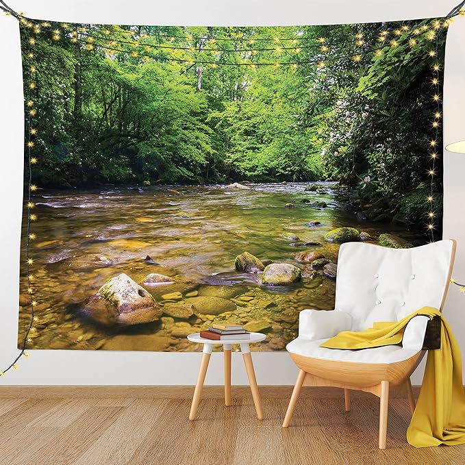 Ambesonne Appalachian Tapestry, Oconaluftee River at Smoky Mountains National Park, Fabric Wall Hanging Decor for Bedroom Living Room Dorm, 28" X 23", Lime Green Charcoal Grey