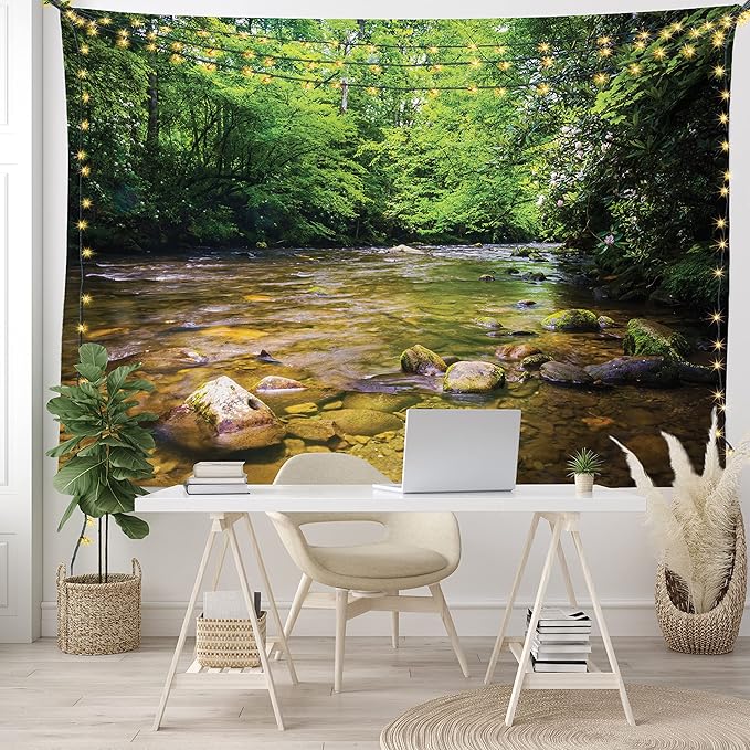 Ambesonne Appalachian Tapestry, Oconaluftee River at Smoky Mountains National Park, Fabric Wall Hanging Decor for Bedroom Living Room Dorm, 45" X 30", Lime Green Charcoal Grey