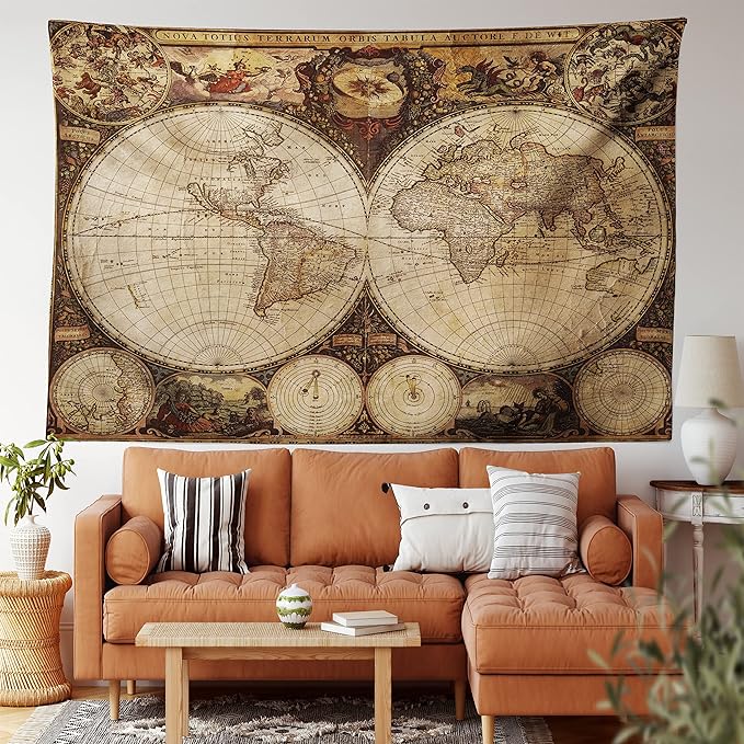 Ambesonne World Map Tapestry, Old World Map Drawn in 1720s Nostalgic Style Art Historical Atlas Vintage Design, Fabric Wall Hanging Decor for Bedroom Living Room Dorm, 45" X 30", Multicolor