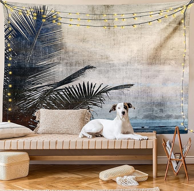 Ambesonne Hawaiian Tapestry Twin Size, Palm Tree Leaves on Grunge Background with Sea Vintage Waterscape Illustration, Wall Hanging Bedspread Bed Cover Wall Decor, 68" X 88", Beige Indigo