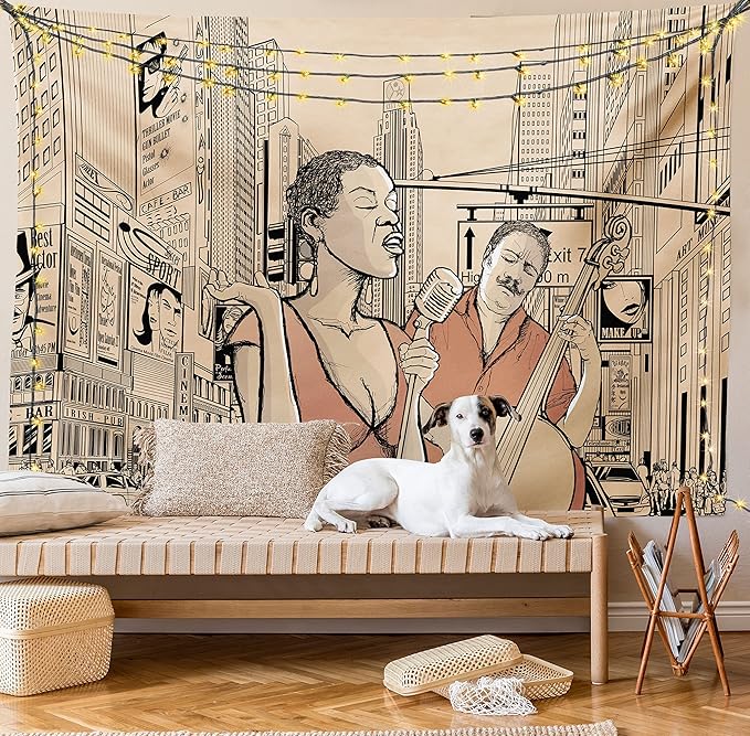 Ambesonne Jazz Music Tapestry, Singer Double-Bass Player in a Street of New York Urban Lifestyle Image, Fabric Wall Hanging Decor for Bedroom Living Room Dorm, 30" X 45", Brown Beige