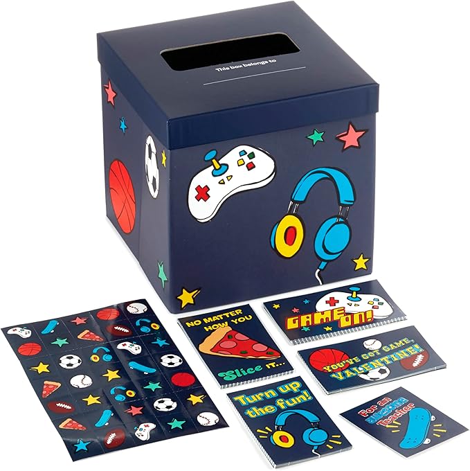 Hallmark Boys Valentines Day Cards and Mailbox for Kids School Classroom Exchange, Games and Sports (1 Box, 32 Valentine Cards, 35 Stickers, 1 Teacher Card)