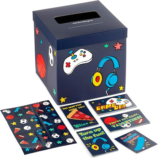 Hallmark Boys Valentines Day Cards and Mailbox for Kids School Classroom Exchange, Games and Sports (1 Box, 32 Valentine Cards, 35 Stickers, 1 Teacher Card)