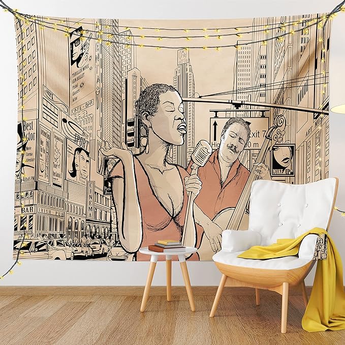Ambesonne Jazz Music Tapestry Queen Size, Singer Double-Bass Player in a Street of New York Urban Lifestyle Image, Wall Hanging Bedspread Bed Cover Wall Decor, 88" X 88", Brown Beige