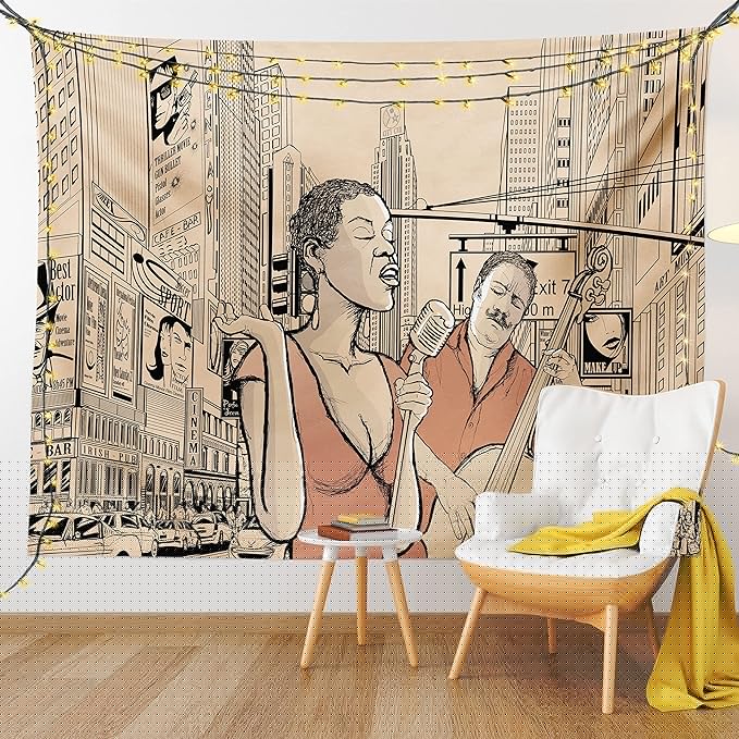 Ambesonne Jazz Music Tapestry Twin Size, Singer Double-Bass Player in a Street of New York Urban Lifestyle Image, Wall Hanging Bedspread Bed Cover Wall Decor, 68" X 88", Brown Beige