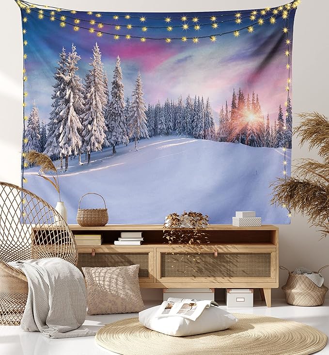Ambesonne Winter Tapestry Twin Size, Idyllic Panorama of Winter Sunrise in Snow Covered Mountains Serenity Freshness, Wall Hanging Bedspread Bed Cover Wall Decor, 68" X 88", Pastel Lavender