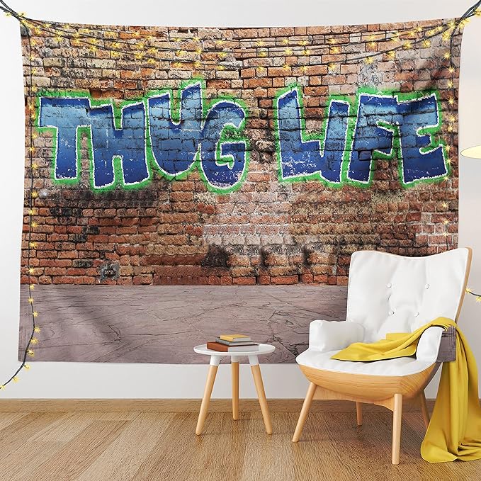 Ambesonne Thug Life Tapestry, Graffiti Style Words on a Brick Wall Street Urban Art Hip Hop Rap Culture Theme, Fabric Wall Hanging Decor for Bedroom Living Room Dorm, 28" X 23", Brown Blue