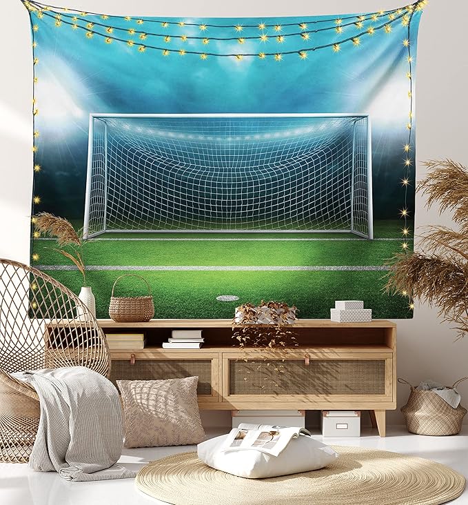 Ambesonne Soccer Tapestry King Size, Soccer Goal Post Sports Area Winner Loser Line Floodlit Best Team Finals Game Theme, Wall Hanging Bedspread Bed Cover Wall Decor, King Size, Green and Blue