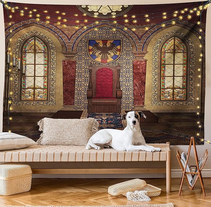 Ambesonne Gothic Tapestry, Red Medieval in Chapel Eagle Portrait on Wall Fantasy Building Print, Wide Wall Hanging for Bedroom Living Room Dorm, 60" X 40", Brown Ruby