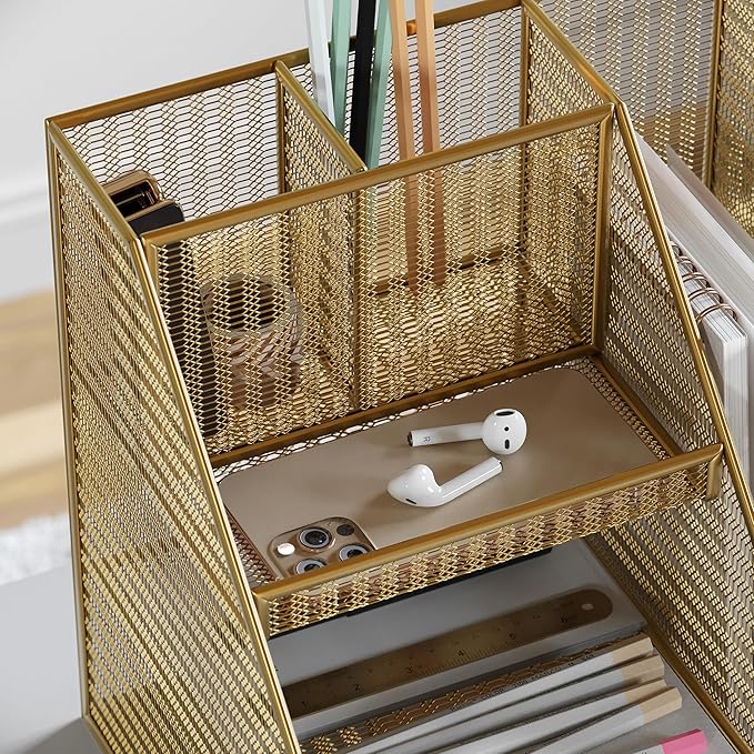 Martha Stewart Ryder Gold Mesh Metal Large Desktop Organizer with Magazine File Holder, Pen Holder, and Storage