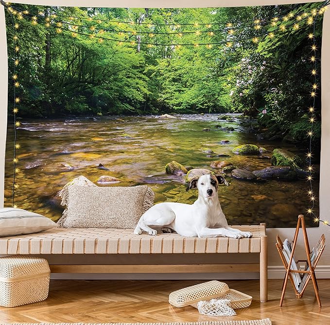Ambesonne Appalachian Tapestry, Oconaluftee River at Smoky Mountains National Park, Fabric Wall Hanging Decor for Bedroom Living Room Dorm, 45" X 30", Lime Green Charcoal Grey
