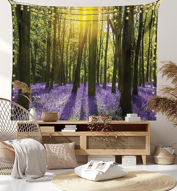 Ambesonne Woodland Tapestry, Sunbeams in the Forest of Bluebells Blooms Deep in Woodland Oxfordshire, Fabric Wall Hanging Decor for Bedroom Living Room Dorm, 28" X 23", Violet Green Yellow