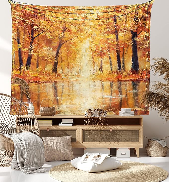Ambesonne Country Tapestry King Size, Painting of a Forest by the Small Lake in Autumn Pale Fall Trees and Leaves Art, Wall Hanging Bedspread Bed Cover Wall Decor, 104" X 88", Brown Orange