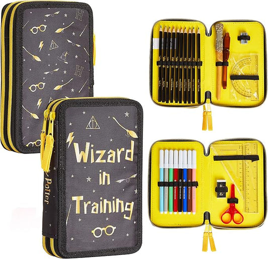 Harry Potter Gifts Pencil Case with Secret Light Wand Pen, Large Double Zip Organizer Filled with School Art Supplies for Kids, Boys and Girls (Black/Yellow)