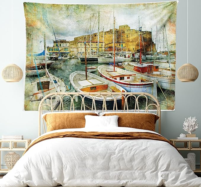 Ambesonne Marine Tapestry, Naples Small Boats at Historical Italian Coast Heritage Castle Nautical Art, Wide Wall Hanging for Bedroom Living Room Dorm, 60" X 40", Earth Yellow
