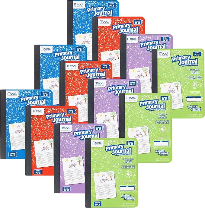Mead Primary Journal, 12 Pack, Half Page Ruled, Grades K-2, 7-1/2" x 9-3/4", 100 Sheets per Journal, Assorted Colors (610052-ECM)