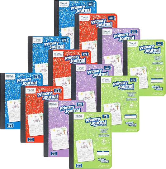 Mead Primary Journal, 12 Pack, Half Page Ruled, Grades K-2, 7-1/2" x 9-3/4", 100 Sheets per Journal, Assorted Colors (610052-ECM)