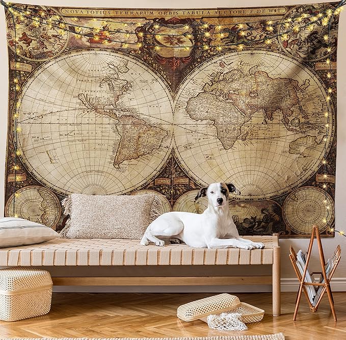Ambesonne World Map Tapestry, Old World Map Drawn in 1720s Nostalgic Style Art Historical Atlas Vintage Design, Fabric Wall Hanging Decor for Bedroom Living Room Dorm, 45" X 30", Multicolor