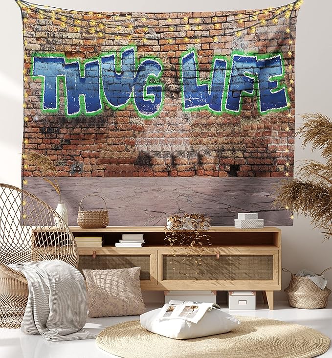 Ambesonne Thug Life Tapestry, Graffiti Style Words on a Brick Wall Street Urban Art Hip Hop Rap Culture Theme, Fabric Wall Hanging Decor for Bedroom Living Room Dorm, 28" X 23", Brown Blue