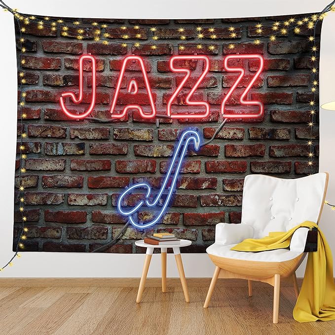 Ambesonne Music Tapestry, Image of Alluring Neon All Jazz Sign Saxophone Instrument on Brick Wall Print, Fabric Wall Hanging Decor for Bedroom Living Room Dorm, 30" X 45", Red Blue