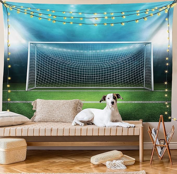 Ambesonne Soccer Tapestry Queen Size, Soccer Goal Post Sports Area Winner Loser Line Floodlit Best Team Finals Game Theme, Wall Hanging Bedspread Bed Cover Wall Decor, Queen Size, Green and Blue