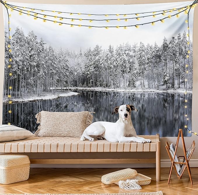 Ambesonne Woodland Tapestry Twin Size, Lake Surrounded by Snow Covered Trees on a Cold Winter Day in Finland Reflections, Wall Hanging Bedspread Bed Cover Wall Decor, 68" X 88", White Brown