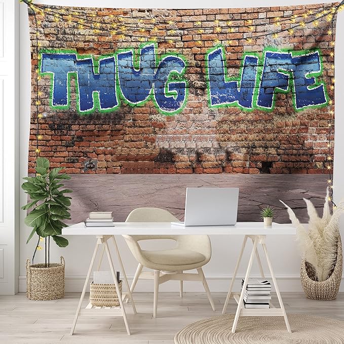 Ambesonne Thug Life Tapestry, Graffiti Style Words on a Brick Wall Street Urban Art Hip Hop Rap Culture Theme, Fabric Wall Hanging Decor for Bedroom Living Room Dorm, 45" X 30", Brown Blue