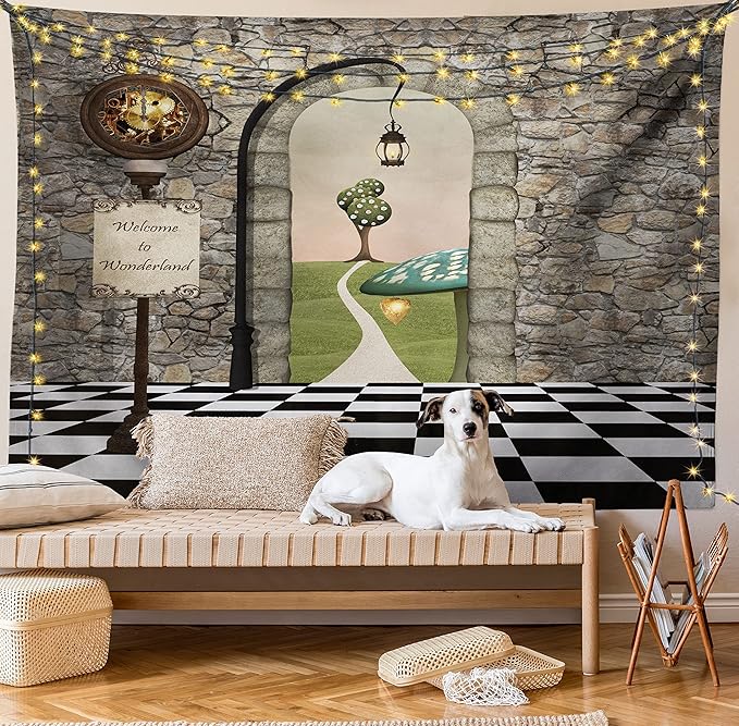 Ambesonne Alice in Wonderland Tapestry, Welcome Wonderland Black and White Floor Landscape Mushroom Lantern, Wall Hanging for Bedroom Living Room Dorm, 60" X 80", Stone Black