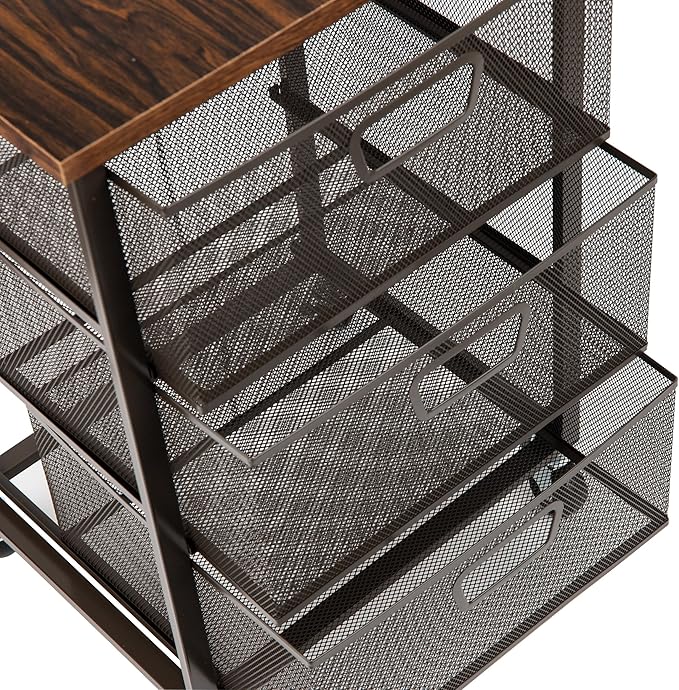 Mind Reader 3-Drawer Storage Organizer, Office Organizer with Wood Top, Multipurpose Portable Cabinet with Removable Wheels, Metal Mesh, Black
