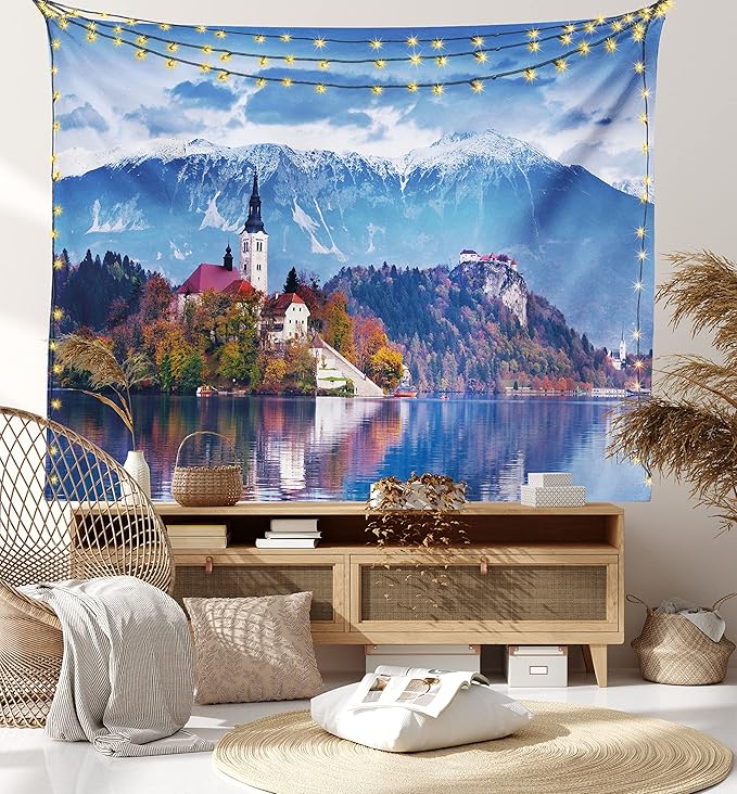 Ambesonne Landscape Tapestry Queen Size, Photo of Bled in Slovenia with Lake Snowy Mountains and a Castle Pastoral Scenery, Wall Hanging Bedspread Bed Cover Wall Decor, 88" X 88", Blue Lavender