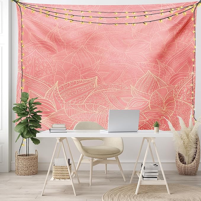 Ambesonne Floral Tapestry, Pastel Toned Nature Inspired Leaf Background Botany Themed Illustration, Fabric Wall Hanging Decor for Bedroom Living Room Dorm, 28" X 23", Peach Coral