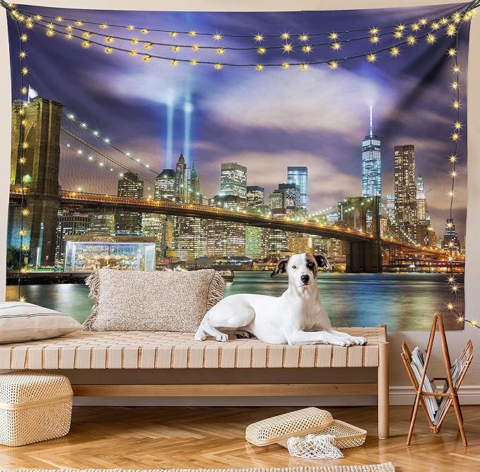 Ambesonne Landscape Tapestry, Manhattan Skyline with Brooklyn Bridge and Towers in NYC United States America, Fabric Wall Hanging Decor for Bedroom Living Room Dorm, 45" X 30", Purple Green