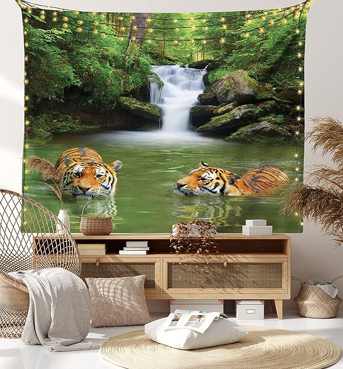 Ambesonne Savannah Tapestry, Siberian Tigers in Water Waterfall Pool Woodland Swimming Natural, Fabric Wall Hanging Decor for Bedroom Living Room Dorm, 45" X 30", Reseda Green Orange