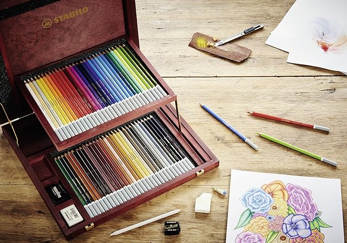 STABILO Chalk-Pastel Artist Colored Pencil CarbOthello Wooden Box of 60, Eraser, Sharpener, Blender - Watercolor Effects