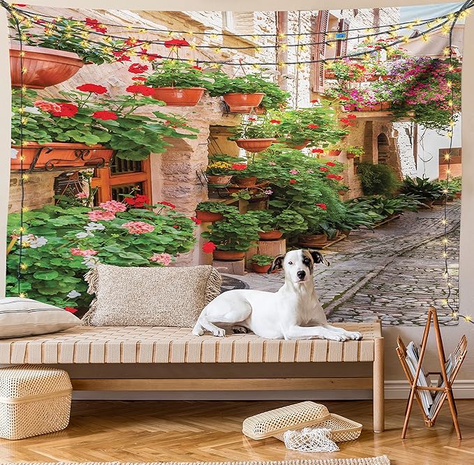 Ambesonne Italian Tapestry, Street View of a Small Renaissance Town with Floral Porches and Rock Mediterranean, Fabric Wall Hanging Decor for Bedroom Living Room Dorm, 23" X 28", Pale Brown