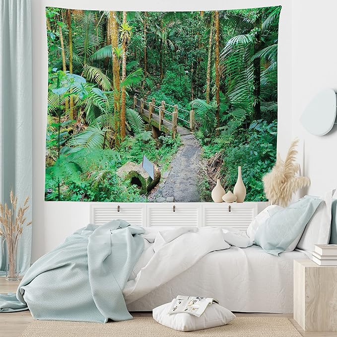 Ambesonne Puerto Rico Tapestry King Size, Tropical Rain Forest in San Juan Exotic Jungle Nature Photography, Wall Hanging Bedspread Bed Cover Wall Decor, 104" X 88", Green Pale Brown Ginger