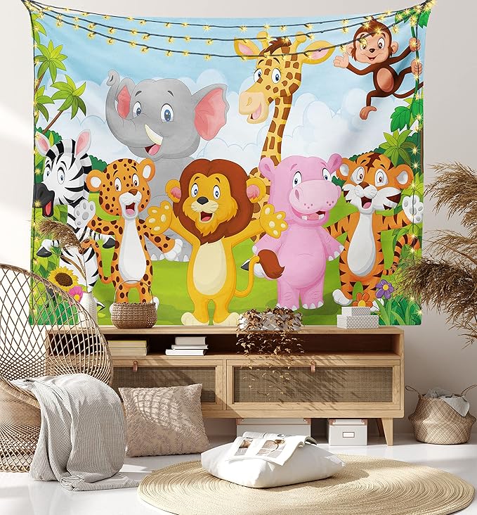 Ambesonne Cartoon Tapestry, Comic Savannah Animals Playful Friendly Savannah Jungle Happy Wildlife Nature, Fabric Wall Hanging Decor for Bedroom Living Room Dorm, 45" X 30", Green Brown