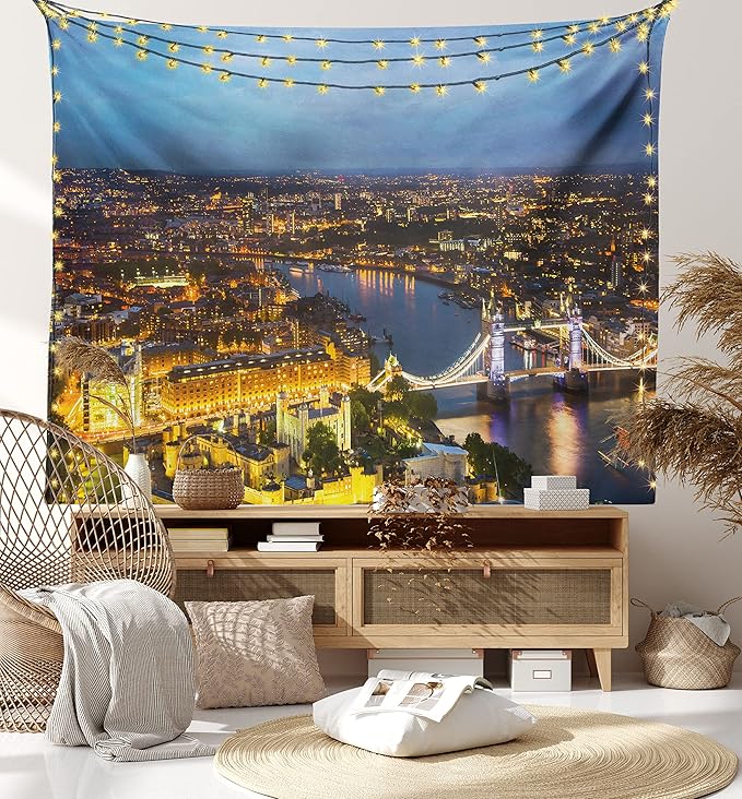 Ambesonne Modern Tapestry Queen Size, Sunset at London England Cityscape Night Time and Tower Bridge Landmark Urban, Wall Hanging Bedspread Bed Cover Wall Decor, Queen Size, Yellow Bluegrey
