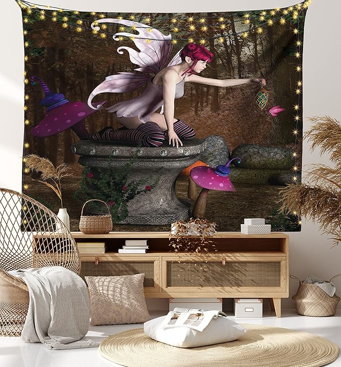 Ambesonne Tale Tapestry, Dimensional Mythical Creature Design Artifact on Pedestal Forest Print, Fabric Wall Hanging Decor for Bedroom Living Room Dorm, 23" X 28", Red Purple Grey