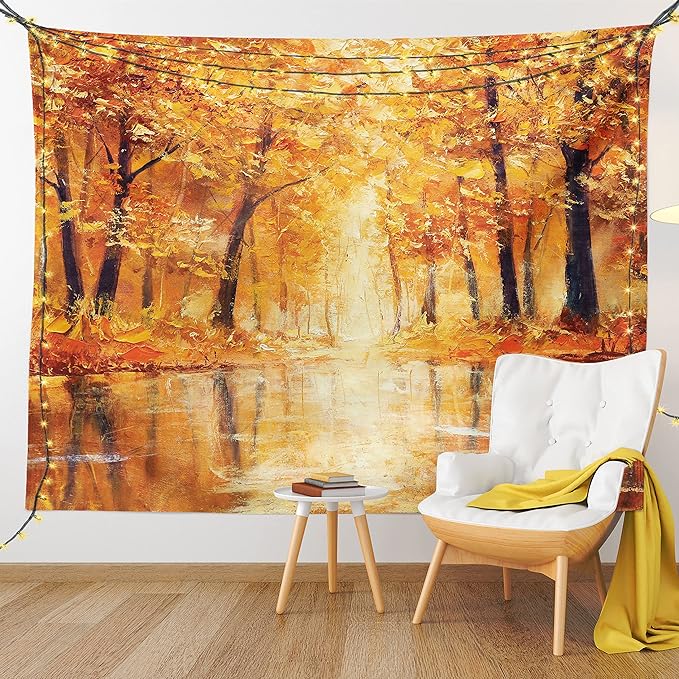 Ambesonne Country Tapestry, Painting of a Forest by the Small Lake in Autumn Pale Fall Trees and Leaves Art, Fabric Wall Hanging Decor for Bedroom Living Room Dorm, 30" X 45", Orange Brown