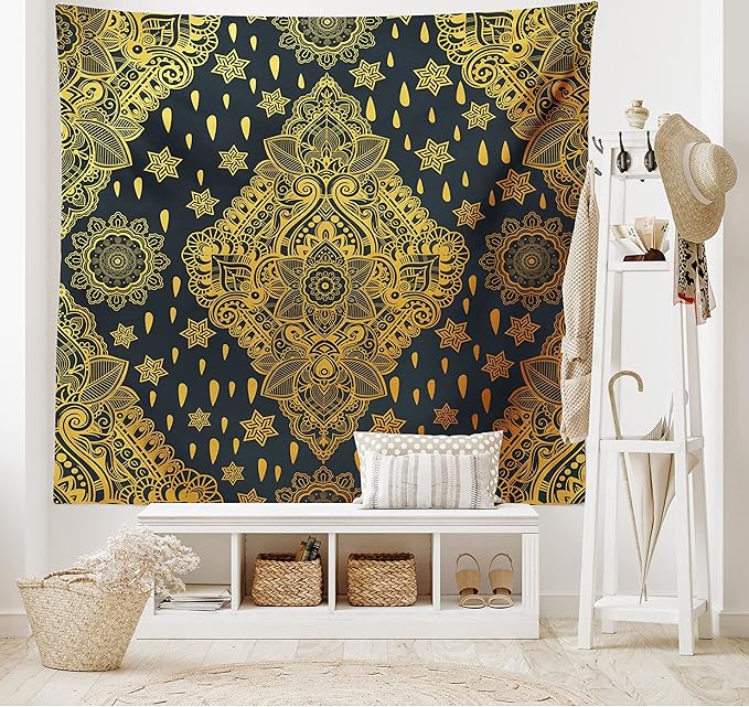 Ambesonne Mandala Tapestry Twin Size, Bohemian Paisley Ornament Tattoo Vintage Design Print, Wall Hanging Bedspread Bed Cover Wall Decor, 68" X 88", Charcoal Grey