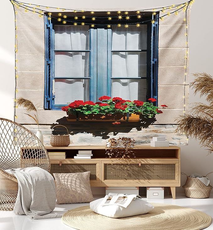 Ambesonne Country Tapestry, Mediterranean Style Window Open Shutters Image French Urban Life Theme Print, Fabric Wall Hanging Decor for Bedroom Living Room Dorm, 30" X 45", Blue Grey