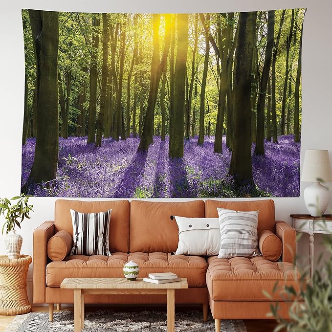 Ambesonne Woodland Tapestry King Size, Sunbeams in the Forest of Bluebells Blooms Deep in Woodland Oxfordshire, Wall Hanging Bedspread Bed Cover Wall Decor, 104" X 88", Violet Green Yellow