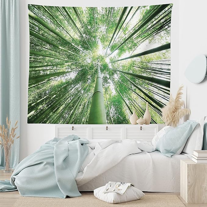 Ambesonne Forest Tapestry King Size, Tropical Rain Forest Tall Trees in Exotic Style Nature Theme Image Sky from Woodland, Wall Hanging Bedspread Bed Cover Wall Decor, 30" X 45", Green