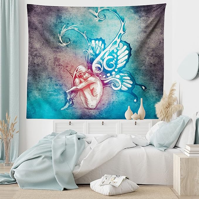 Ambesonne Butterfly Tapestry King Size, with Butterfly Wings Renewal Female Rebirth Psyche Lightness of Being, Wall Hanging Bedspread Bed Cover Wall Decor, 104" X 88", Blue Purple