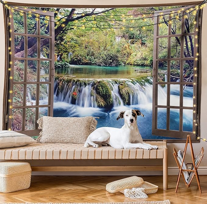Ambesonne Waterfall Tapestry Twin Size, Wide Waterfall Deep down in the Forest Seen from a City Window Epic Surreal Print, Wall Hanging Bedspread Bed Cover Wall Decor, 68" X 88", Brown Black