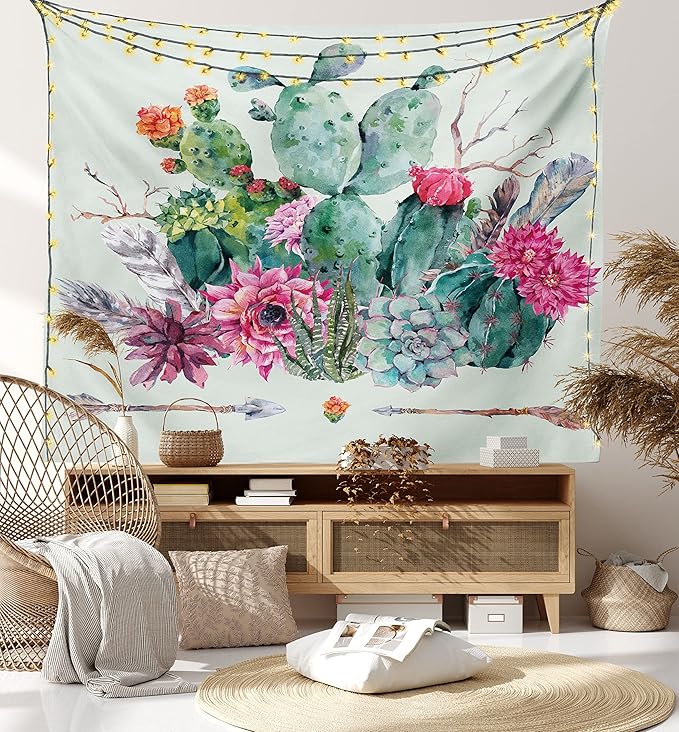 Ambesonne Cactus Tapestry, Spring Garden Boho Style Bouquet of Thorny Plants Blossoms Arrows Feathers, Wide Wall Hanging for Bedroom Living Room Dorm, 60" X 40", Rose Green Brown
