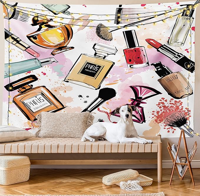 Ambesonne Fashion Tapestry, Cosmetic and Makeup Theme Pattern Perfume Lipstick Nail Polish Brush Modern, Fabric Wall Hanging Decor for Bedroom Living Room Dorm, 45" X 30", Coral White